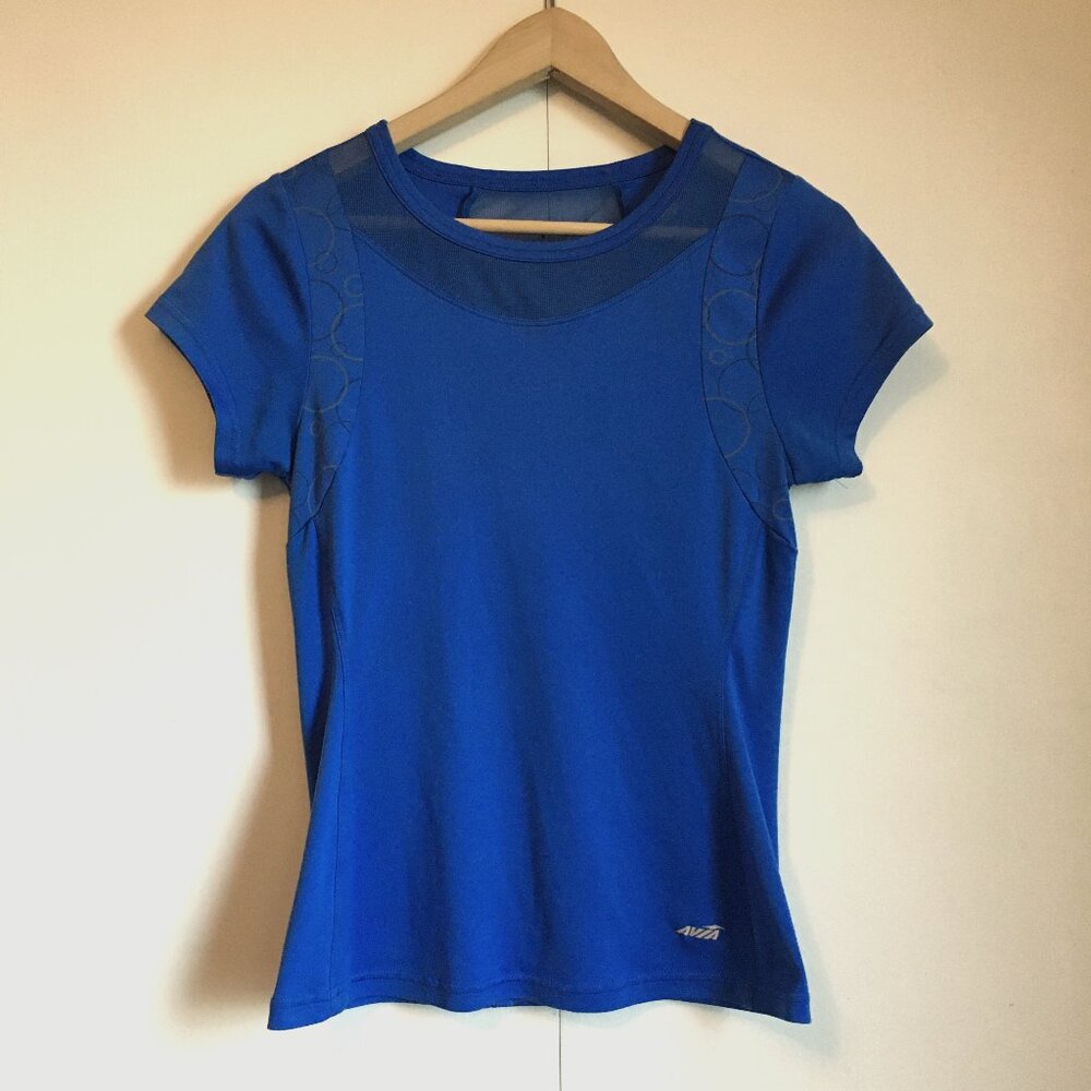 Avia Blue Bubble Print Mesh Performance Workout Tee Small Sleek Gym Top
